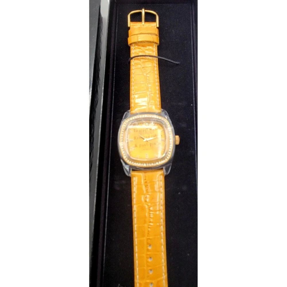 NEW Joan Rivers Classics Yellow Rhinestone Bezel Watch Black Box Leather‎ Strap